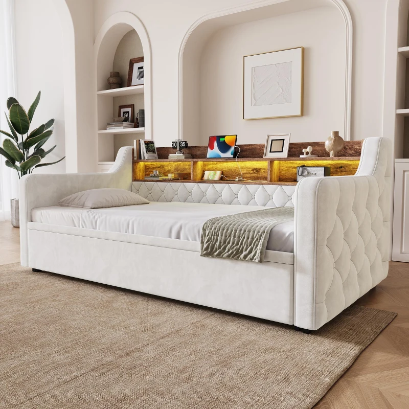 2-in-1 Beige Velvet Sofa Bed with Armrests and Storage Headboard, Space-Saving Daybed for Guest Room and Living Room, 201L x 107W x 80H cm, Beige