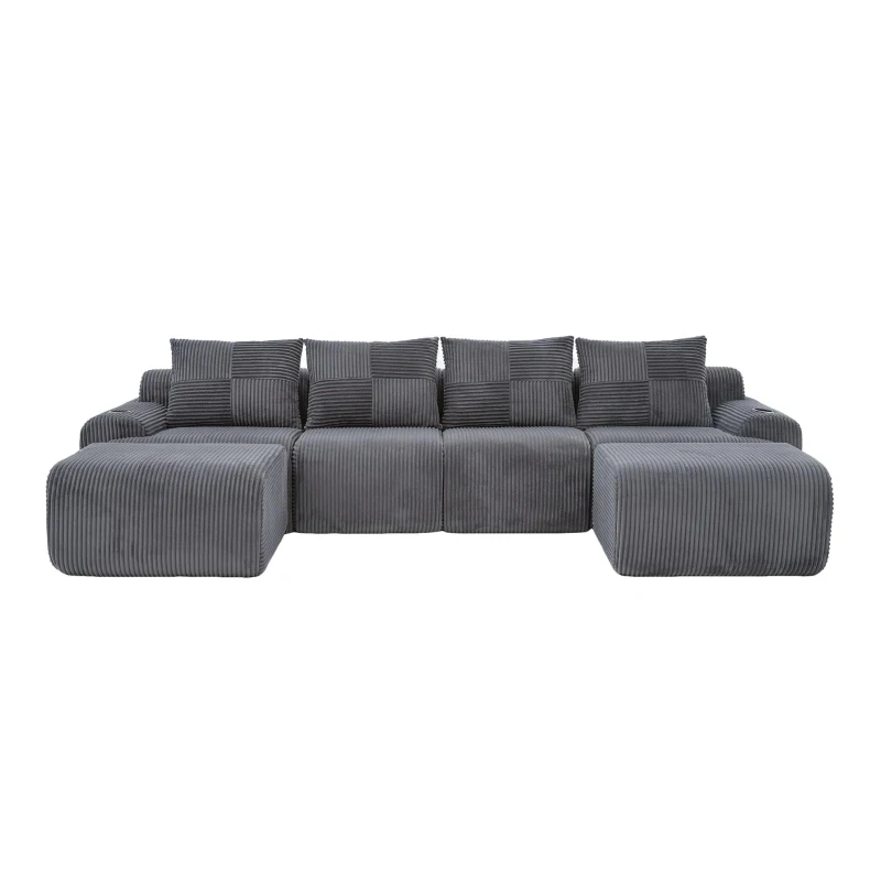 4-Seater Modular Cord Sofa with 2 Ottomans and Integrated Cup‑Holders, Corduroy Sectional Sofa for Living Rooms, 333L x 174W x 80H cm, Dark Gray