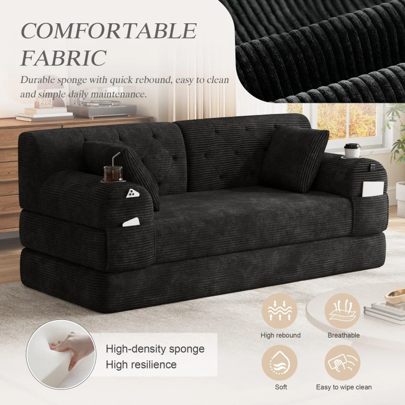 Cozy Sleeper Sofa with High-Density Foam and Soft Corduroy, Convertible Couch for Living Rooms and Small Spaces, 168L x 80W x 81H cm, Black