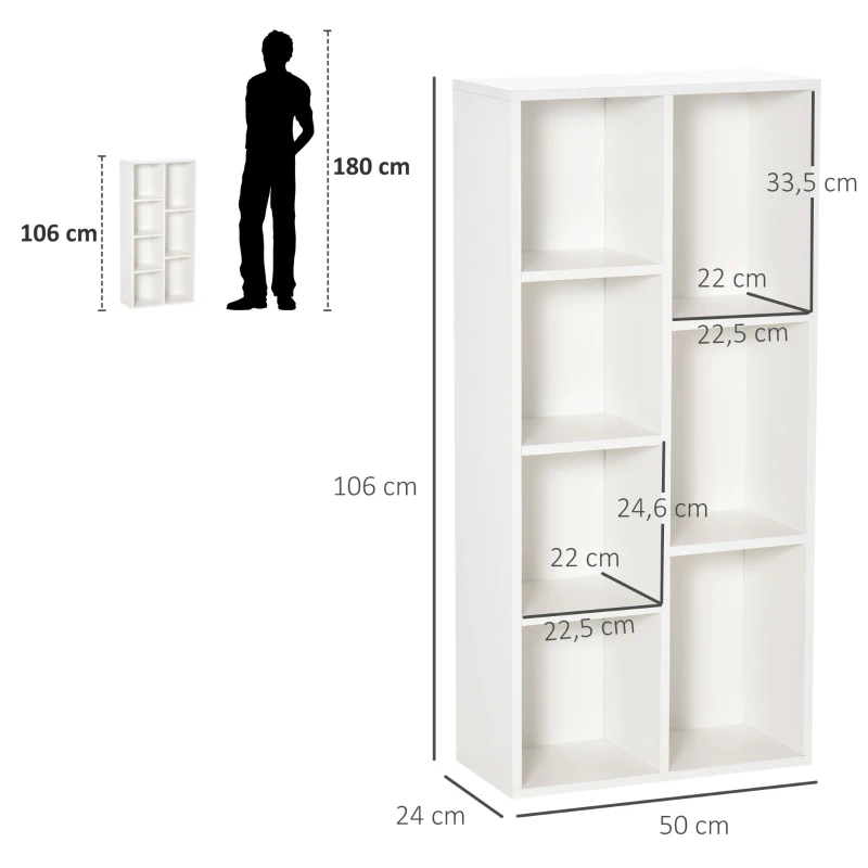 HOMCOM Estante para Livros Estante de Madeira com 7 Compartimentos de Armazenamento Plantas Arquivos para Sala de Estar Dormitório Escritório 50x24x106cm Branco