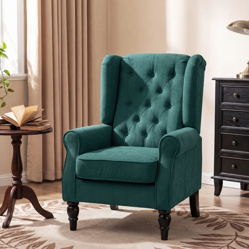 HOMCOM Elegante oorfauteuil, dik gewatteerd, afneembare bekleding, 74 x 86 x 102 cm, Donkergroen