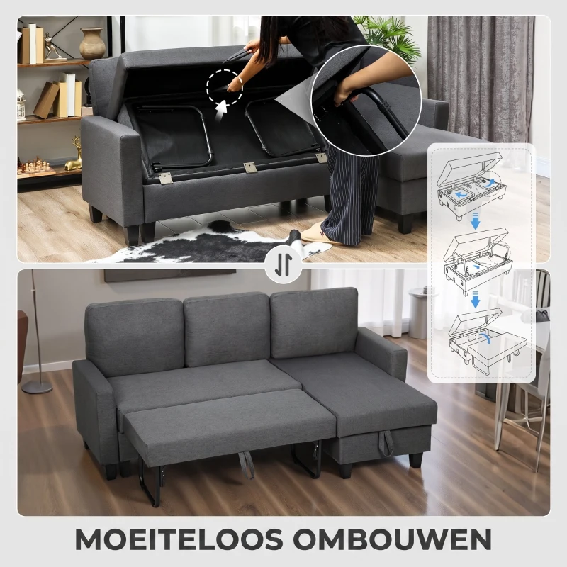 HOMCOM Hoekbank met slaapfunctie en opbergruimte, L-vormige slaapbank met chaise longue en verstelbare rugleuning voor de woonkamer