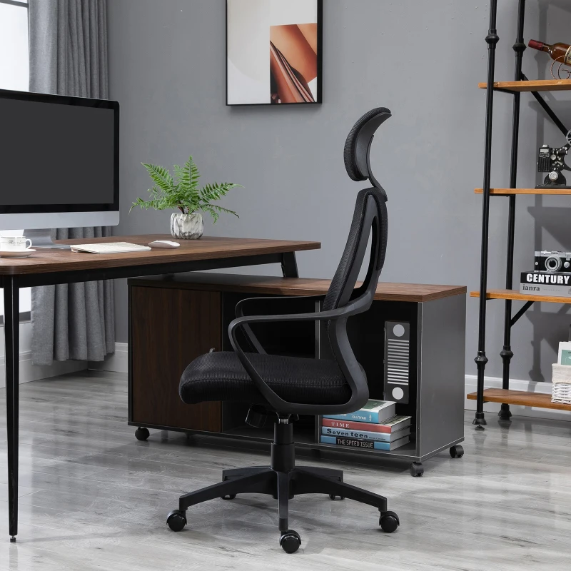 Vinsetto Cadeira de escritório ergonômica Cadeira de mesa inclinável ajustável em altura com encosto de braço Encosto de cabeça 5 rodas Suporta até 120 kg 64x58x116-126 cm Preto