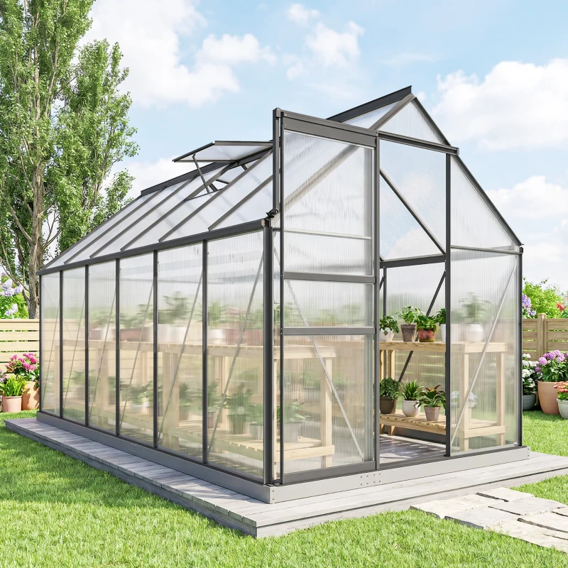 Outsunny Serra da Giardino in Policarbonato con Telaio in Lega di Alluminio 7.1㎡, con Grondaie, Finestre Apribili Regolabili, Porta Scorrevole