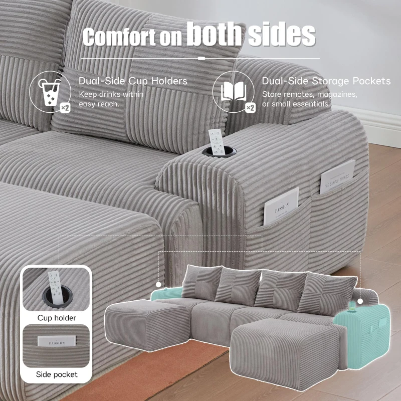 4-Seater Modular Cord Sofa with 2 Ottomans and Integrated Cup‑Holders, Corduroy Sectional Sofa for Living Rooms, 333L x 174W x 80H cm, Light Gray
