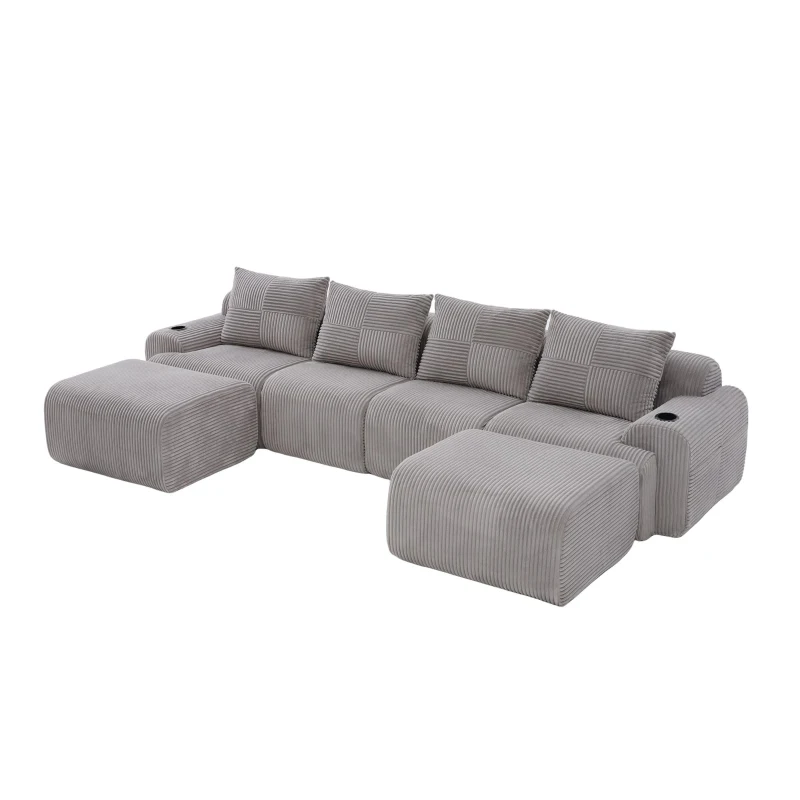 4-Seater Modular Cord Sofa with 2 Ottomans and Integrated Cup‑Holders, Corduroy Sectional Sofa for Living Rooms, 333L x 174W x 80H cm, Light Gray