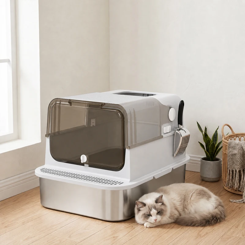 PawHut Maison de Toilette pour Chat XXL en Inox, Couvercle 90°, Double Porte, Filtre Frontal, Pelle, 70x50x46,5cm, Gris(m-10)