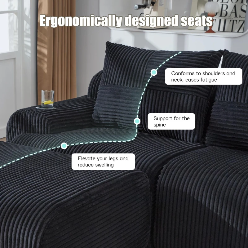 Corduroy Sectional Sofa with Built-in Cup Holders and Side Storage Pockets, 3-Seater Modular Sofa with Ottomans, 268L x 174W x 80H cm, Black