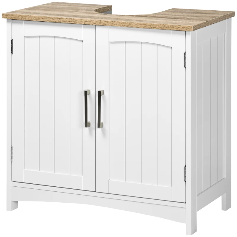 kleankin Meuble salle de bain sous lavabo à double portes avec étagères réglables, blanc et bois naturel