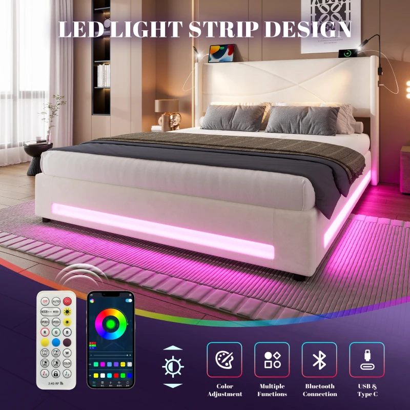 Modern Platform Bed with Hydraulic Lift System, Functional Bed Frame with Built-In Reading Lamps and USB Ports, 199L x 142W x 106H cm, Beige
