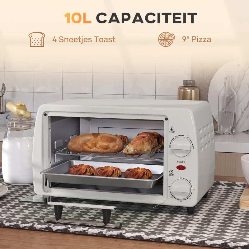 HOMCOM Mini-Oven Toaster, 1 Bakplaat, 1 Grillrooster, 10 L Capaciteit, Timerfunctie, 36,5 cm x 26 cm x 22 cm, Crèmewit(m-5)