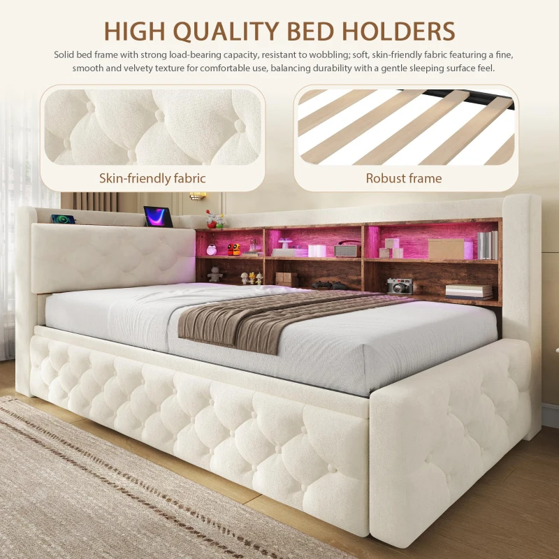 Velvet Pull-Out Sofa Bed Frame with Wooden Headboard Shelf, Convertible Daybed with Lift-Up Armrest Storage, 211L x 91W x 84H cm, Beige
