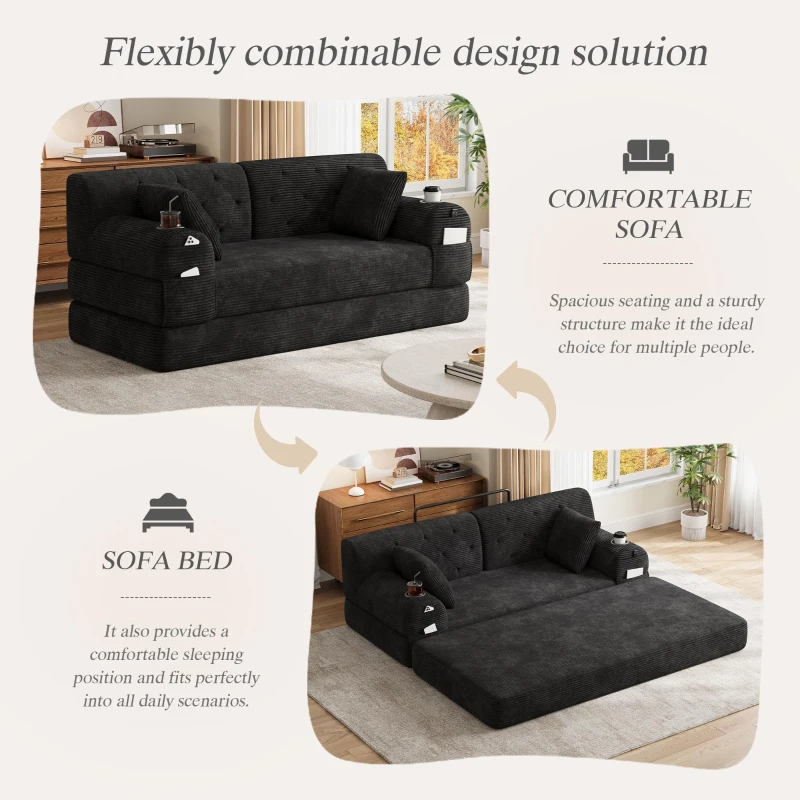 Cozy Sleeper Sofa with High-Density Foam and Soft Corduroy, Convertible Couch for Living Rooms and Small Spaces, 168L x 80W x 81H cm, Black