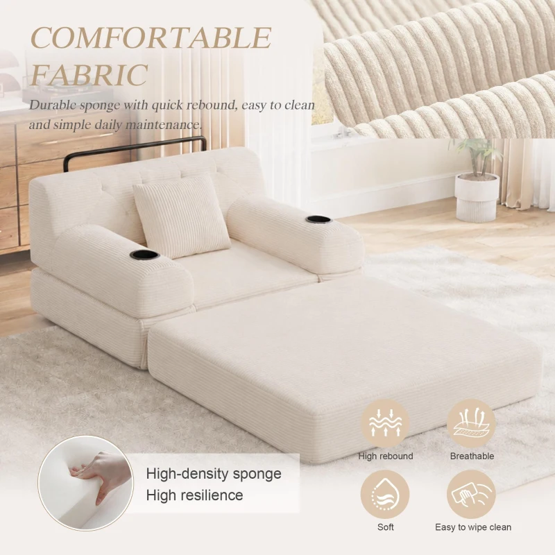 Convertible 1-Seater Sleeper Sofa with Tufted Corduroy Upholstery, Ideal Sofa Bed for Living Rooms and Small Spaces, 107L x 80W x 81H cm, Beige