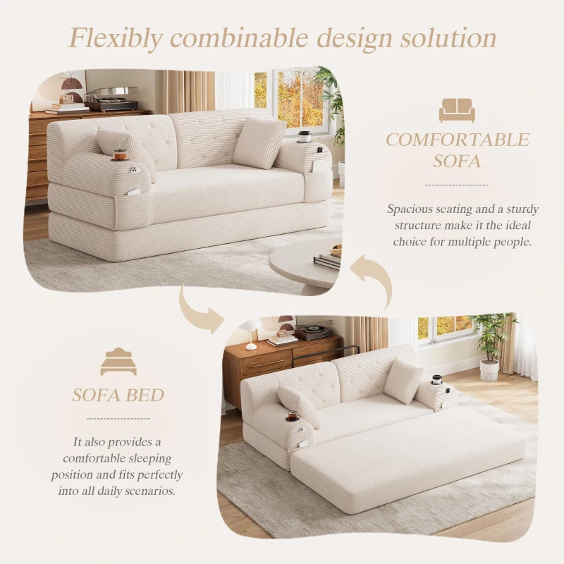 Cozy Sleeper Sofa with High-Density Foam and Soft Corduroy, Convertible Couch for Living Rooms and Small Spaces, 168L x 80W x 81H cm, Beige