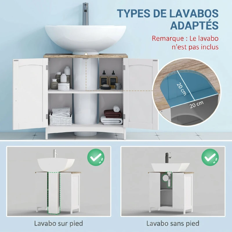 kleankin Meuble salle de bain sous lavabo à double portes avec étagères réglables, blanc et bois naturel