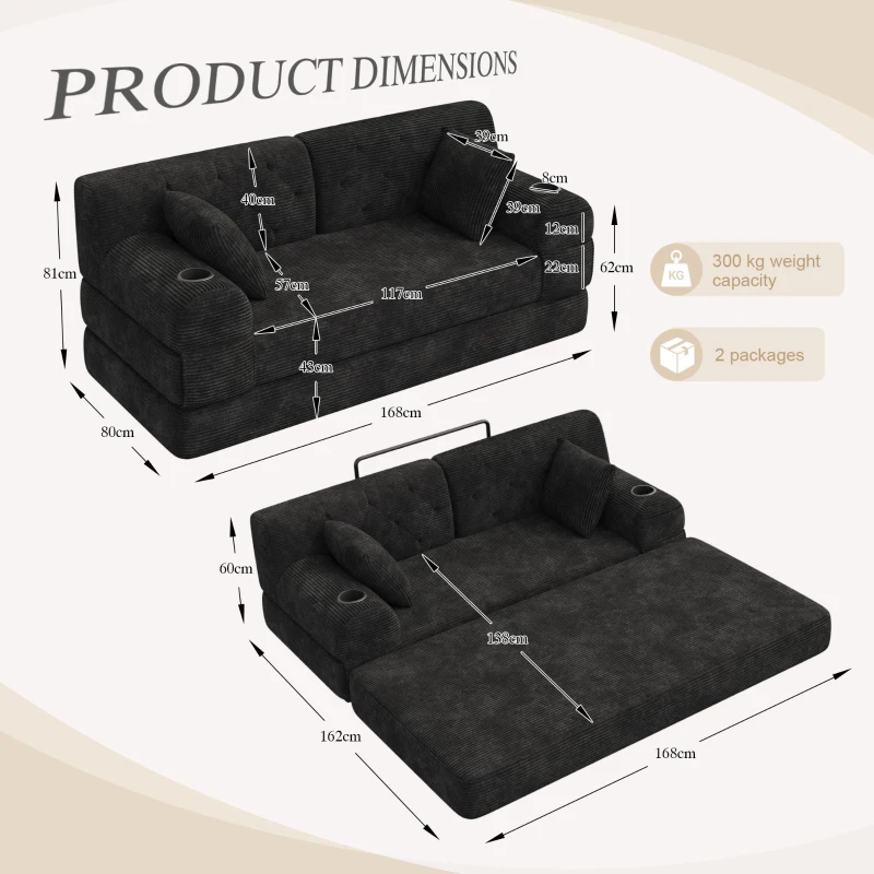 Cozy Sleeper Sofa with High-Density Foam and Soft Corduroy, Convertible Couch for Living Rooms and Small Spaces, 168L x 80W x 81H cm, Black