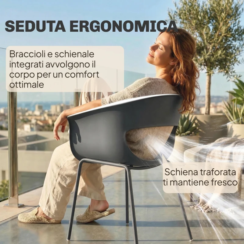 Outsunny Set 4 Sedie da Esterno Moderne con Schienale Traforato, in Metallo e Poliestere, 61x51x74 cm, Grigio Scuro