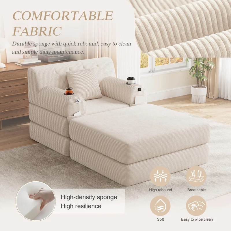 Corduroy Sleeper Chair with Ottoman and Metal Frame, Convertible 1-Seater Sofa Bed with High Backrest, 107L x 162W x 81H cm, Beige