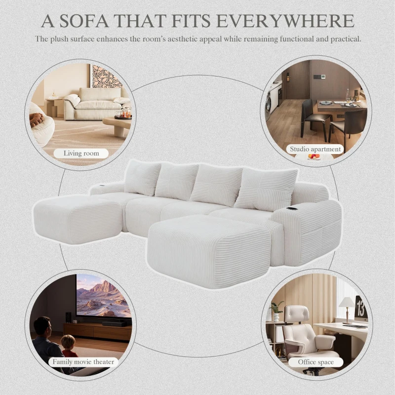4-Seater Modular Cord Sofa with 2 Ottomans and Integrated Cup‑Holders, Corduroy Sectional Sofa for Living Rooms, 333L x 174W x 80H cm, Beige