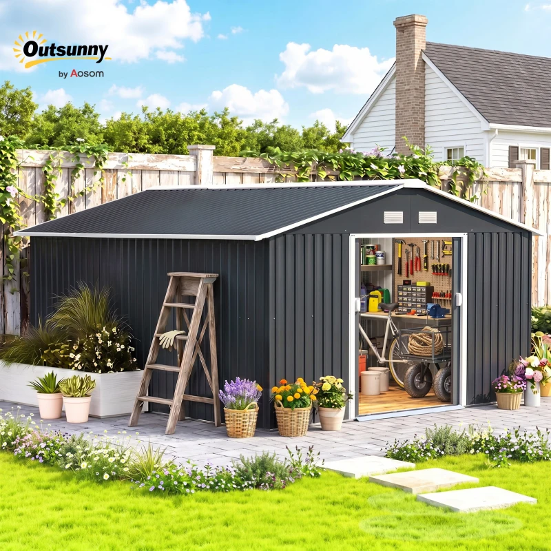 Outsunny Gereedschapsschuur met fundering 24,5 m³ gereedschapsschuur tuinhuisje stalen schuifdeur