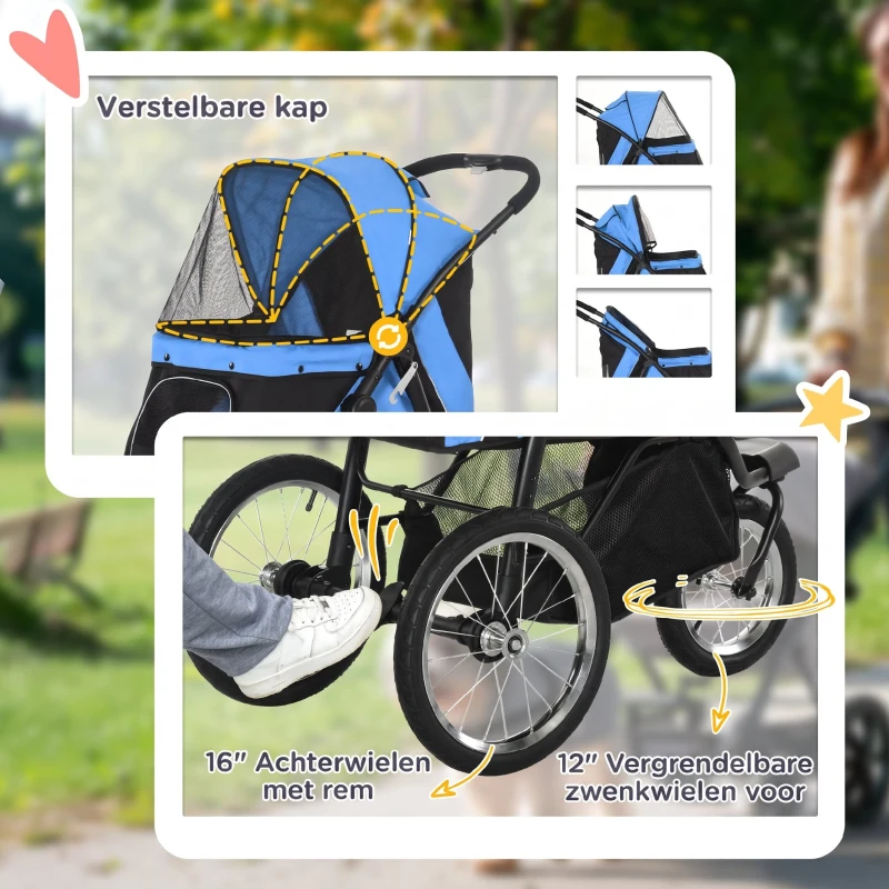 PawHut hondenkinderwagen, opvouwbaar, zonnescherm, gaasvenster, opbergmand, blauw, 111 x 58 x 107 cm(m-7)