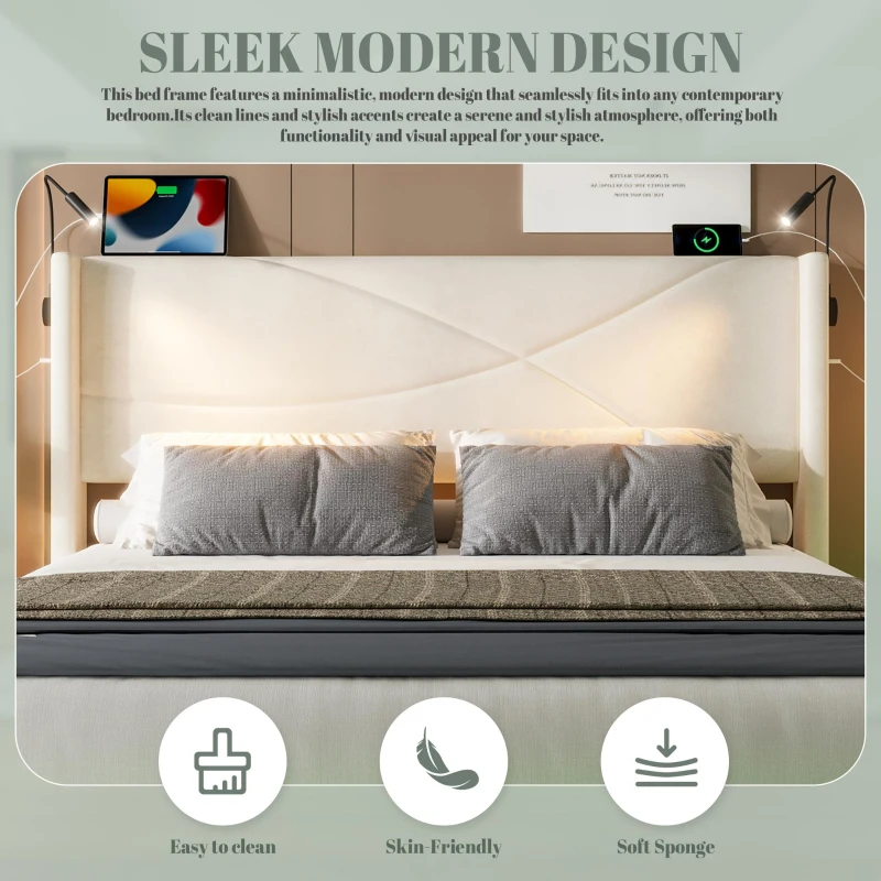 Modern Platform Bed with Hydraulic Lift System, Functional Bed Frame with Built-In Reading Lamps and USB Ports, 199L x 142W x 106H cm, Beige