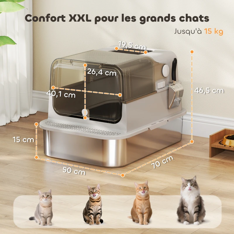 PawHut Maison de Toilette pour Chat XXL en Inox, Couvercle 90°, Double Porte, Filtre Frontal, Pelle, 70x50x46,5cm, Gris(m-3)