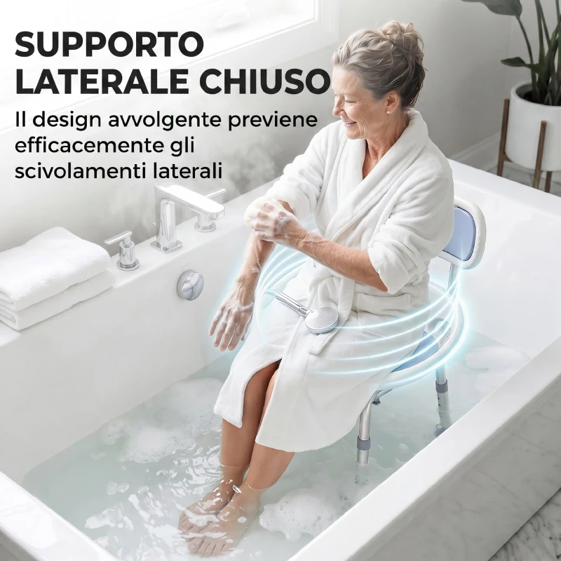 HOMCOM Sedia da Doccia con Schienale e Sedile Forato, 8 Altezza Regolabile, Antiscivolo, Portata 136kg, Azzurro
