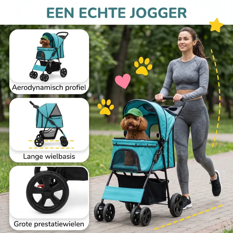 PawHut Hondenbuggy, huisdierenwagen voor kleine honden en katten, met opbergmand, één-klik-opvouwontwerp, Turquoise(m-4)