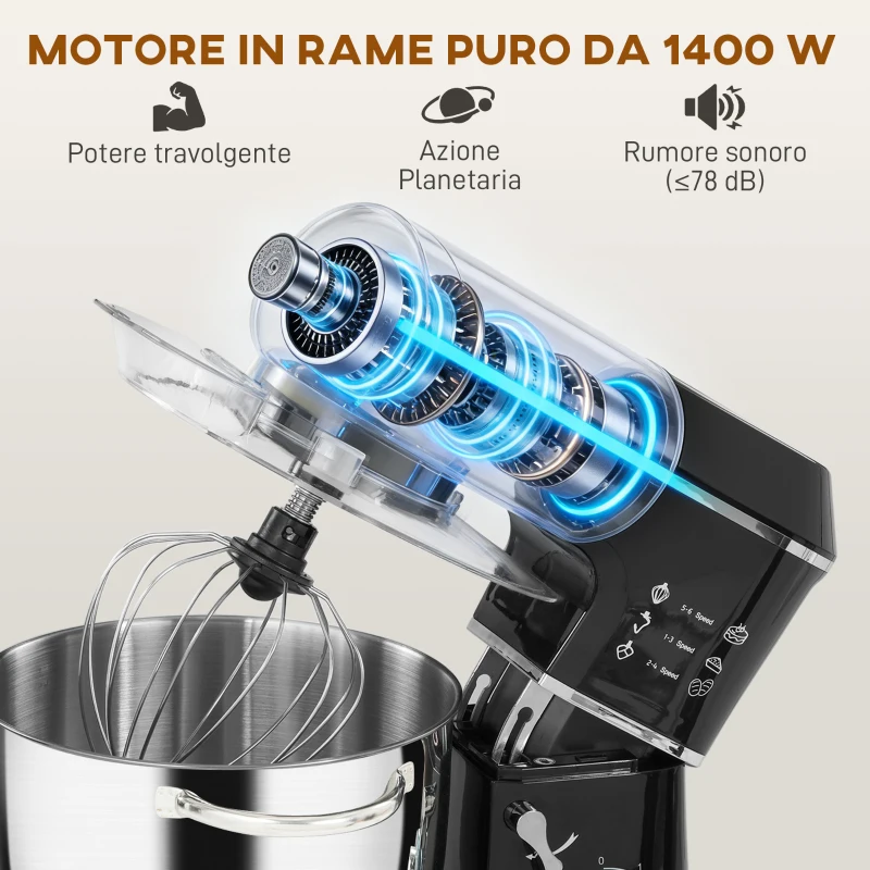 HOMCOM Impastatrice Planetaria 1400W con Ciotola 7L e 6 Velocità, Gancio Impastatore, Frusta e Sbattitore, Nero