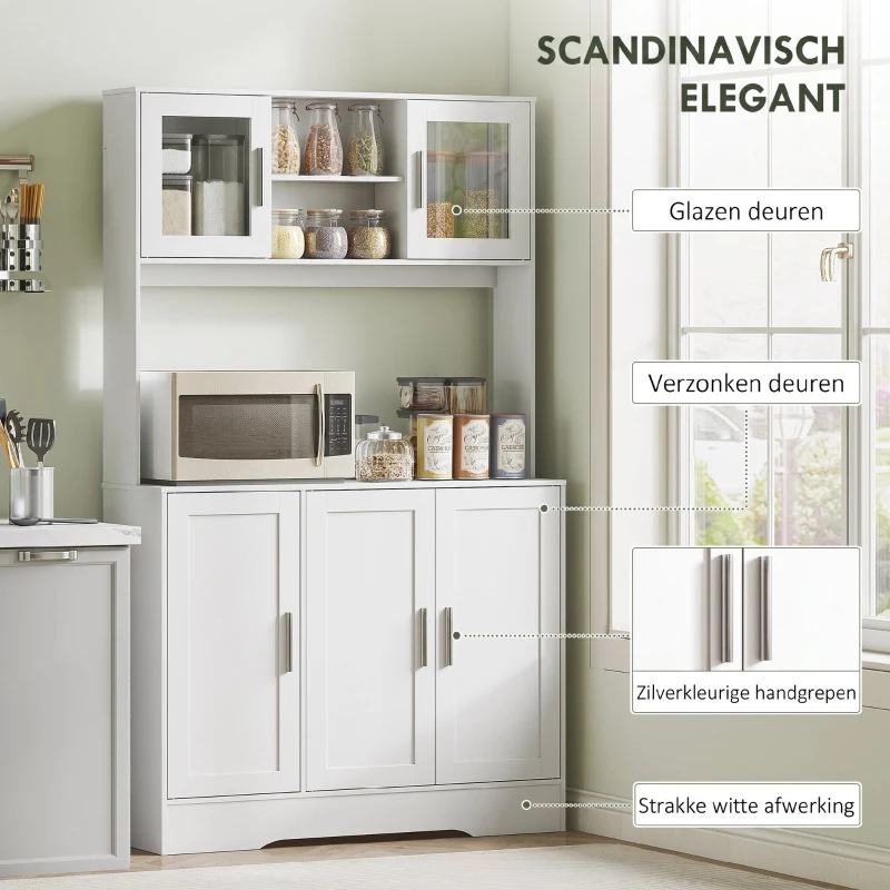 HOMCOM Keukenkast, Scandinavisch Design, 4 Kasten, Verstelbare Planken, Glazen Deuren, Open Vak, Spaanplaat, MDF, Wit(m-6)