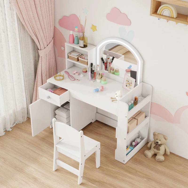 AIYAPLAY Coiffeuse pour enfants avec tabouret et miroir LED, table de maquillage pour 3 à 8 ans, 88,6 x 38,8 x 96,9 cm, blanc