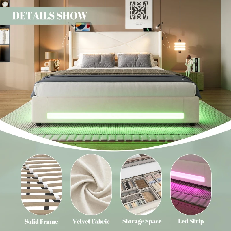 Modern Platform Bed with Hydraulic Lift System, Functional Bed Frame with Built-In Reading Lamps and USB Ports, 209L x 157W x 106H cm, Beige