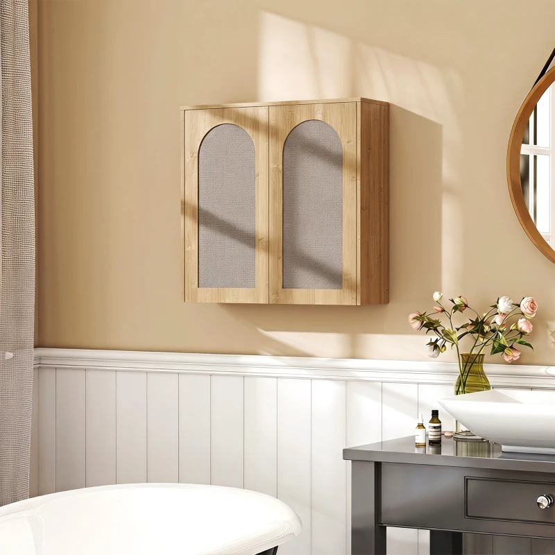 HOMCOM Armario mural de baño bohemio con 2 puertas efecto ratán de cierre suave y estantería regulable, roble