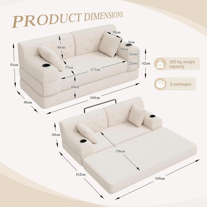 Cozy Sleeper Sofa with High-Density Foam and Soft Corduroy, Convertible Couch for Living Rooms and Small Spaces, 168L x 80W x 81H cm, Beige