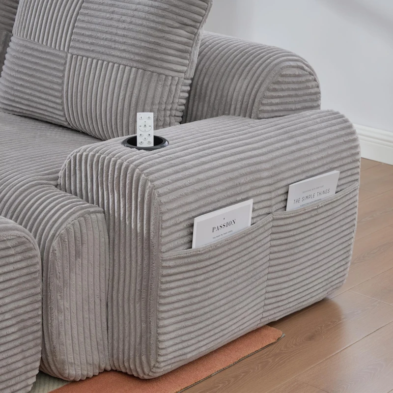 3-Seater Modular Sofa with Ottomans and Side Storage Pockets, Corduroy Sectional Sofa with Integrated Cup Holders, 268L x 174W x 80H cm, Light Gray