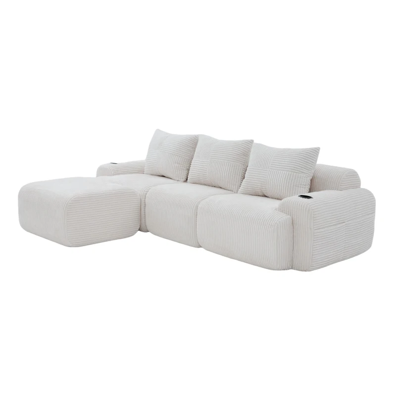 Corduroy Sectional Sofa with Built-in Cup Holders and Side Storage Pockets, 3-Seater Modular Sofa with Ottomans, 268L x 174W x 80H cm, Beige