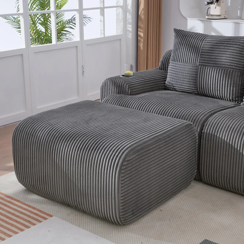 4-Seater Modular Cord Sofa with 2 Ottomans and Integrated Cup‑Holders, Corduroy Sectional Sofa for Living Rooms, 333L x 174W x 80H cm, Dark Gray