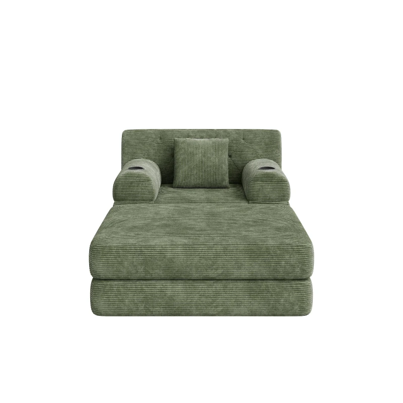 Corduroy Sleeper Chair with Ottoman and Metal Frame, Convertible 1-Seater Sofa Bed with High Backrest, 107L x 162W x 81H cm, Green