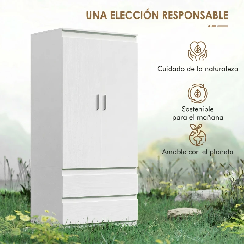 HOMCOM Ropero de Dormitorio con 2 Puertas 2 Cajones 3 Compartimentos de Madera Blanco