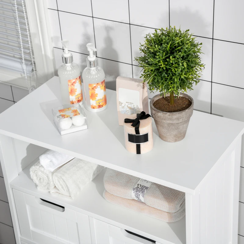 Kleanklin Armário de Casa de Banho com 2 Portas Prateleira Ajustável 2 Gavetas e Compartimento Aberto Móvel Auxiliar de Armazenamento para Sala de Estar Cozinha 60x30x108,8cm Branco