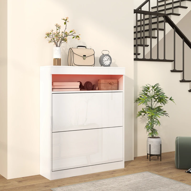 HOMCOM Móvel Sapateira de Entrada com Luzes LED Prateleira Aberta e 2 Gavetas Basculantes para 12-16 Pares 80x24x99,5 cm Branco Brilhante