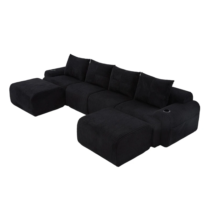 4-Seater Modular Cord Sofa with 2 Ottomans and Integrated Cup‑Holders, Corduroy Sectional Sofa for Living Rooms, 333L x 174W x 80H cm, Black