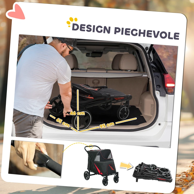 PawHut Passeggino per Cani Pieghevole con Ingressi a Cerniera e Finestre a Rete, 112x67x100 cm, Rosso e Nero