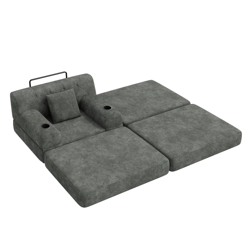 Corduroy Sleeper Chair with Ottoman and Metal Frame, Convertible 1-Seater Sofa Bed with High Backrest, 107L x 162W x 81H cm, Dark Gray
