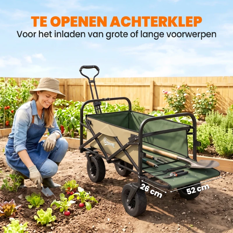 Outsunny Opvouwbare Bolderkar, 110 L, tot 100 kg, Telescopische handgreep, Stalen frame, 94 x 57 x 77-100 cm, Khaki