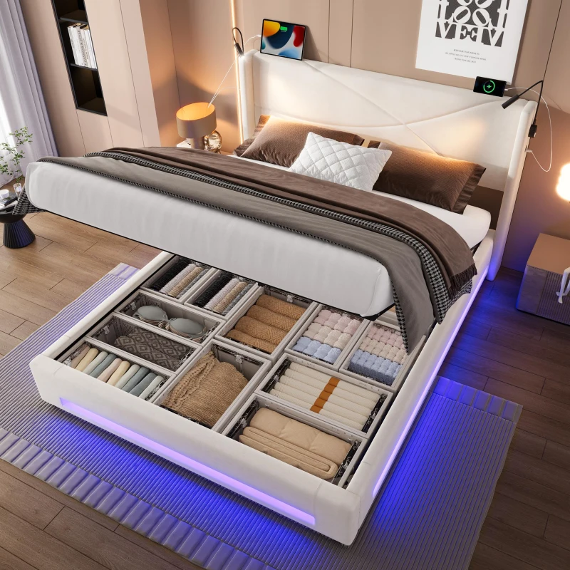 Modern Platform Bed with Hydraulic Lift System, Functional Bed Frame with Built-In Reading Lamps and USB Ports, 209L x 157W x 106H cm, Beige