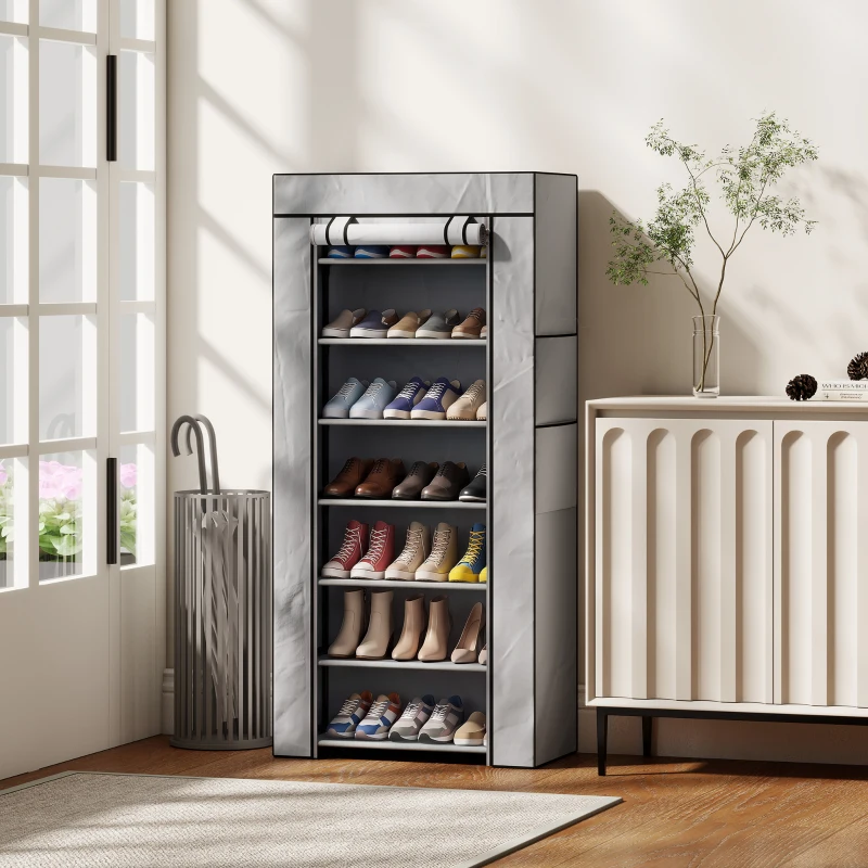 HOMCOM Schuhregal 7 Ablagen Stahl mit Vliesstoff-Abdeckung, 60 x 30 x 126 cm, Grau