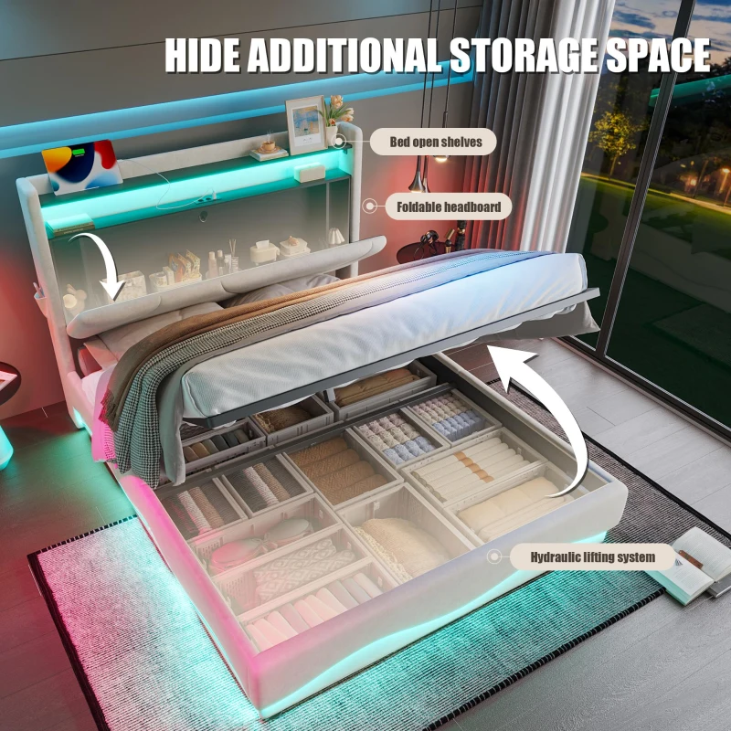 Functional Bed with Additional Under-Bed Storage, Modern Bed Frame with Wavy LED Side Lighting and USB Ports, 143L x 211W x 115.5H cm, Beige